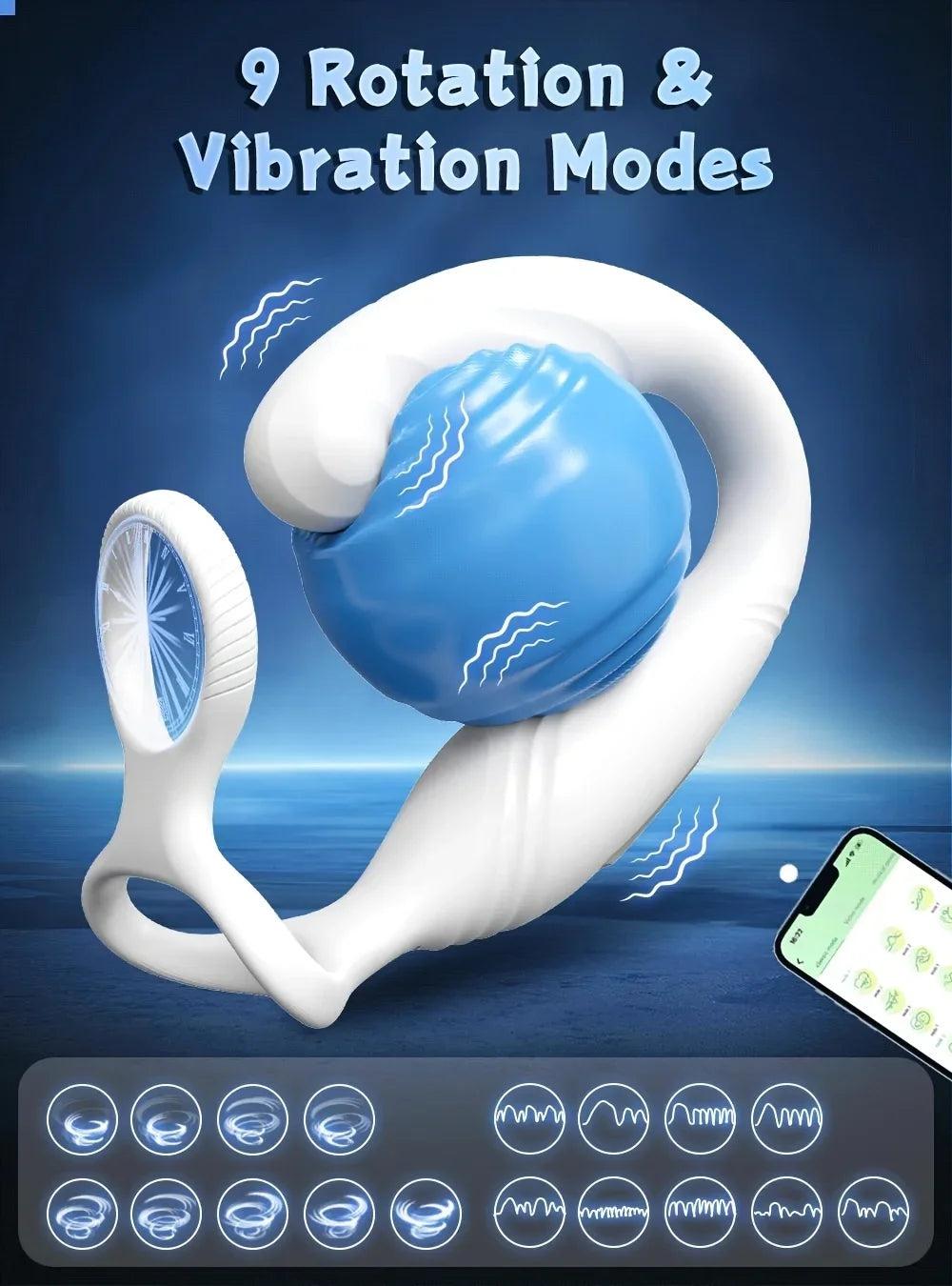 Male Sex Toy Rotating Anal Vibrating Massager，Prostate Massager，With double silicone cock ring，APPControl Male Sex Toys