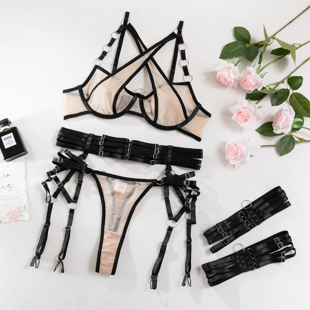 Push-Up Lingerie Set Women Cross Strap Underwire Patchwork Lace Seductive Bra & Thong Set Erotic Body Shaping Bridal Date Night