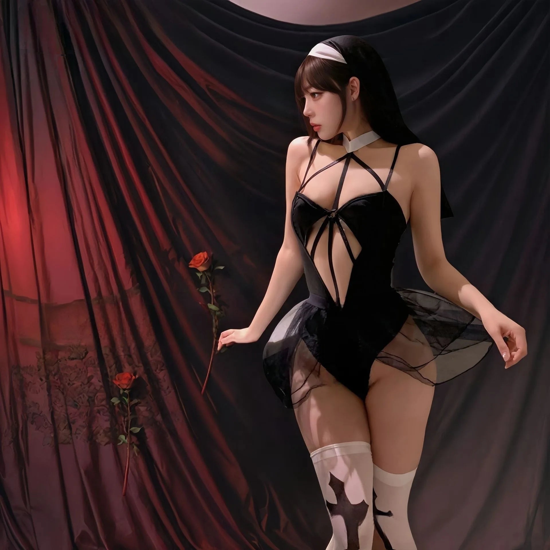 2025 New Women's Sexy Hollow Out Roleplay Nun Lingerie Costumes Adult Lady Naugty Party Cosplay Sister Outfist Fliter Nightwear